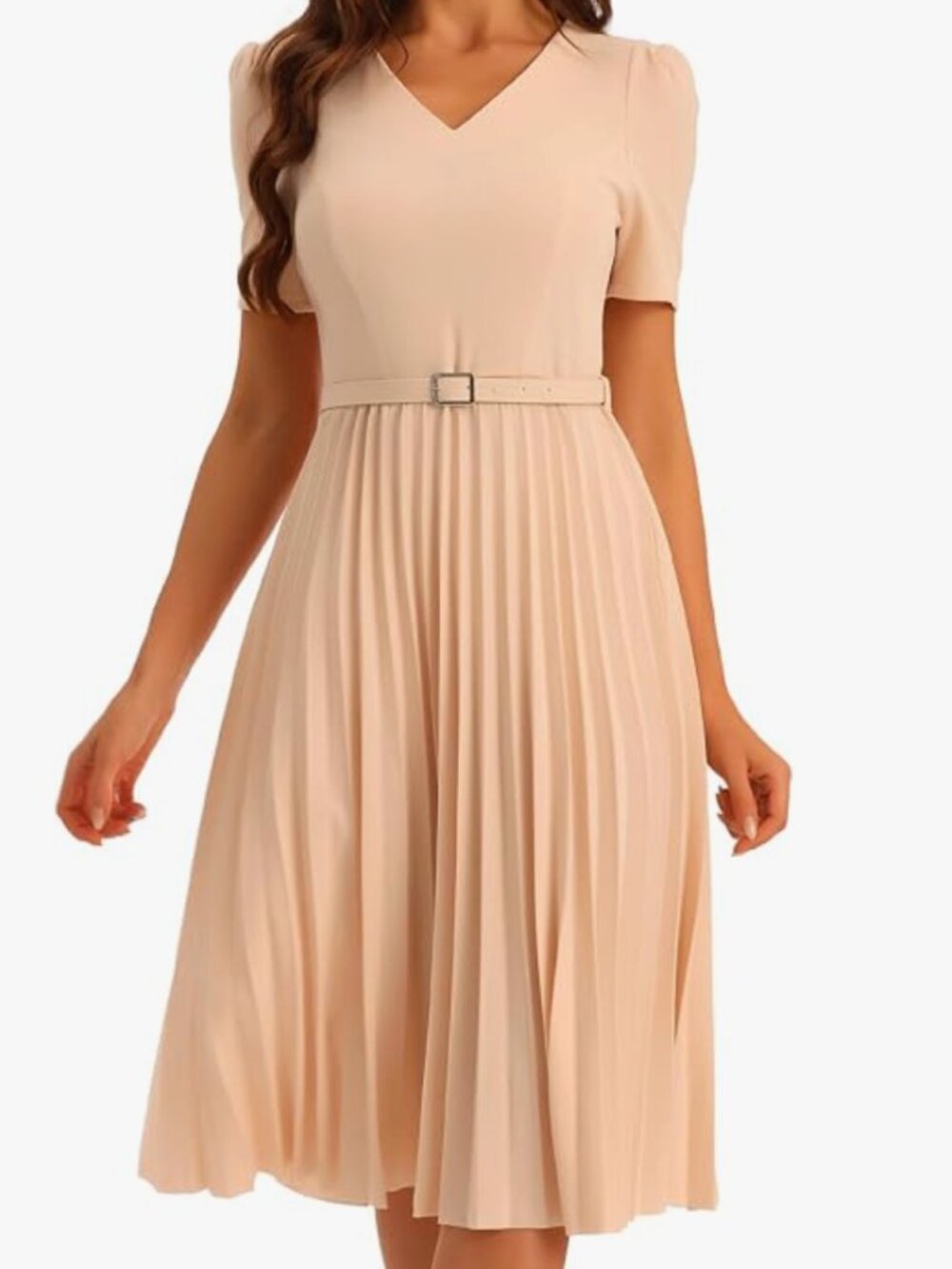 Allegra K V-Neck Short Sleeve Belted A-Line Pleated Dress